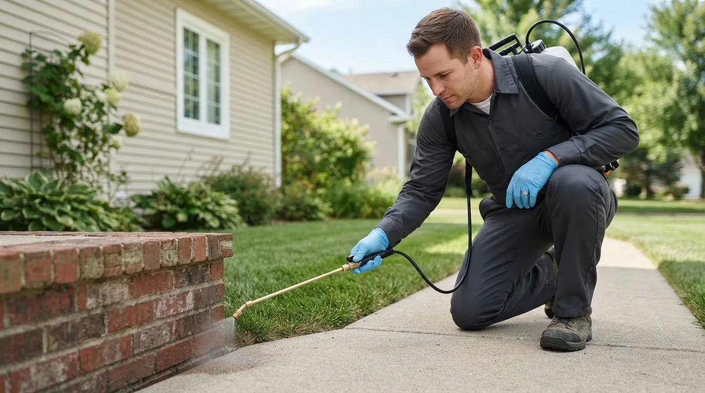Pest control technician treating a home near South Beach, OR